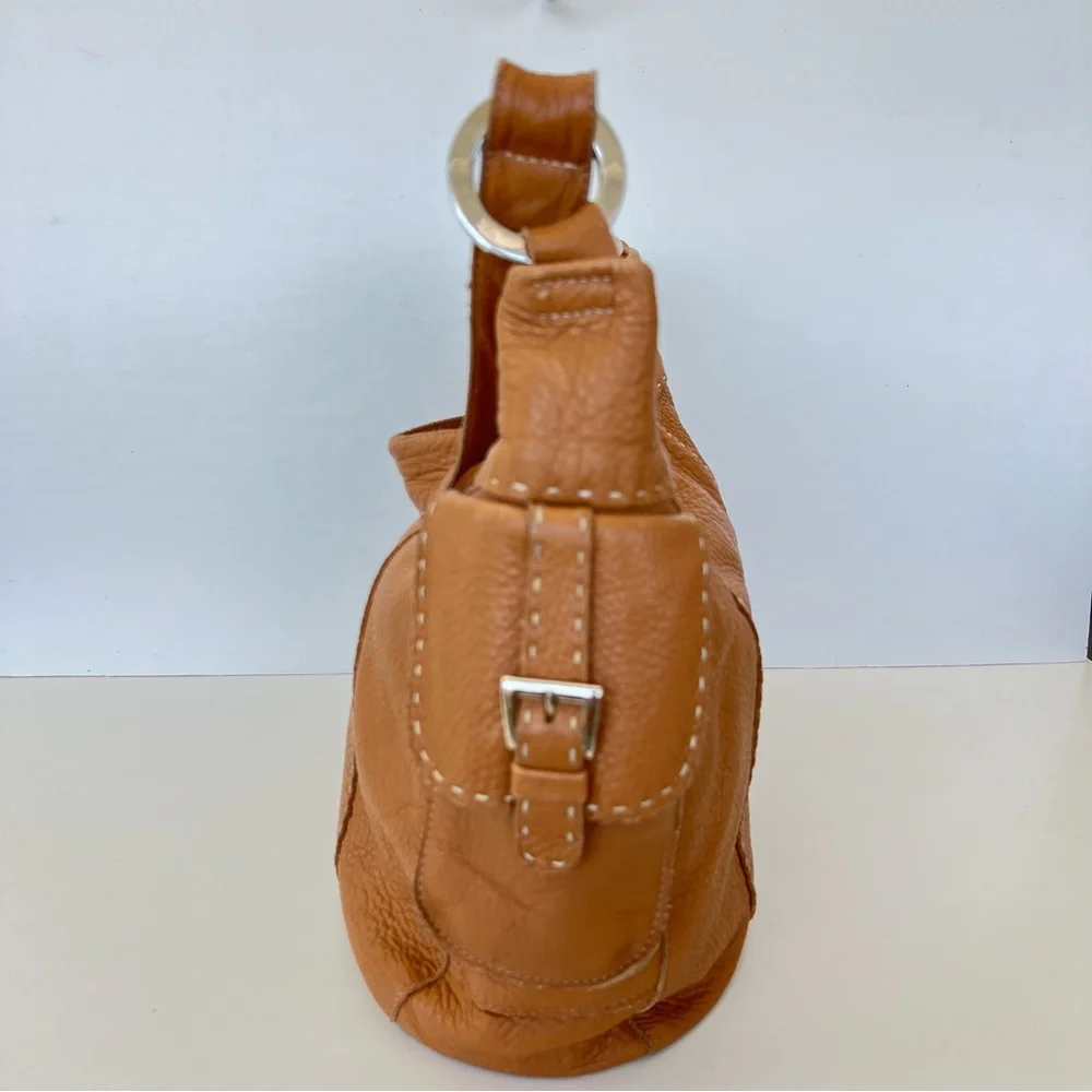 CARLA MANCINI Tan Pebble Leather White Stitching Side Pockets Large Shoulder Bag - Picture 5 of 13